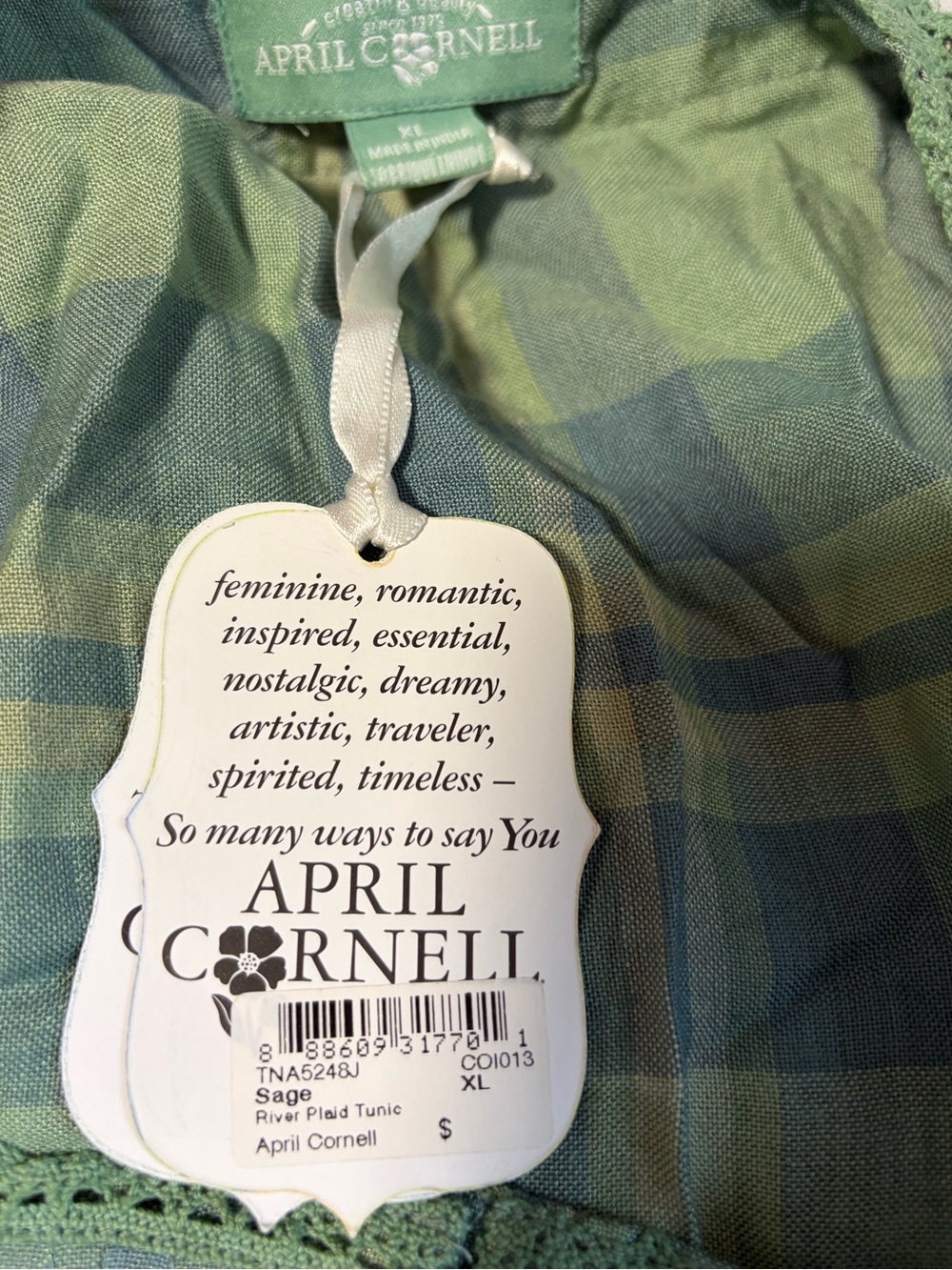 April Cornell Sage River Plaid Cotton Crochet Lace Tunic Boho Cottagecore XL - Picture 4 of 7